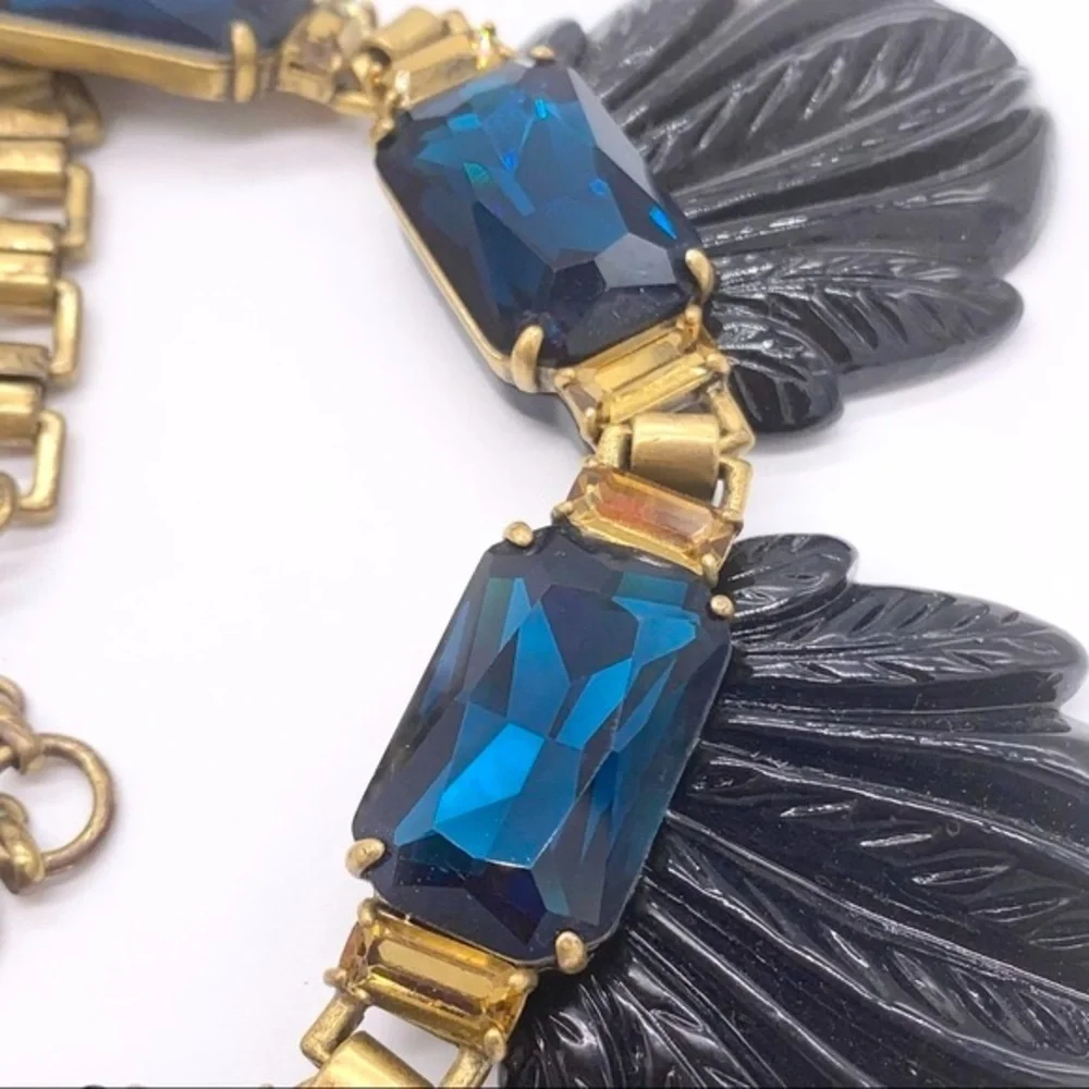 J. Crew Blue Crystal Black Resin Gold Necklace